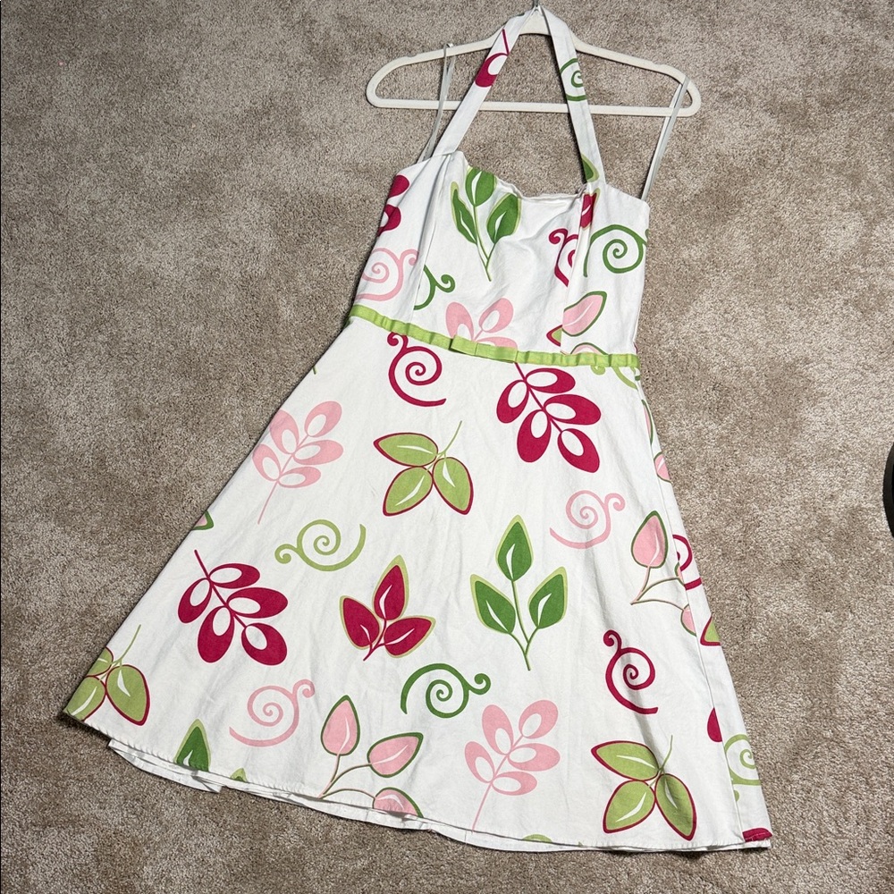 Willow Glenn Halter Midi Dress Women 10 White 90s Y2K Leaf Motif Pink Green